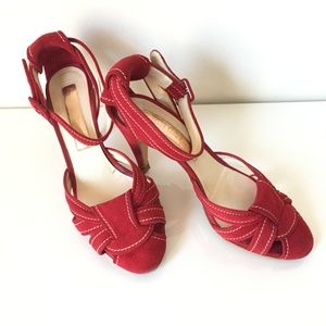 Vintage Rupert Sanderson Suede Red Heeled Sandals